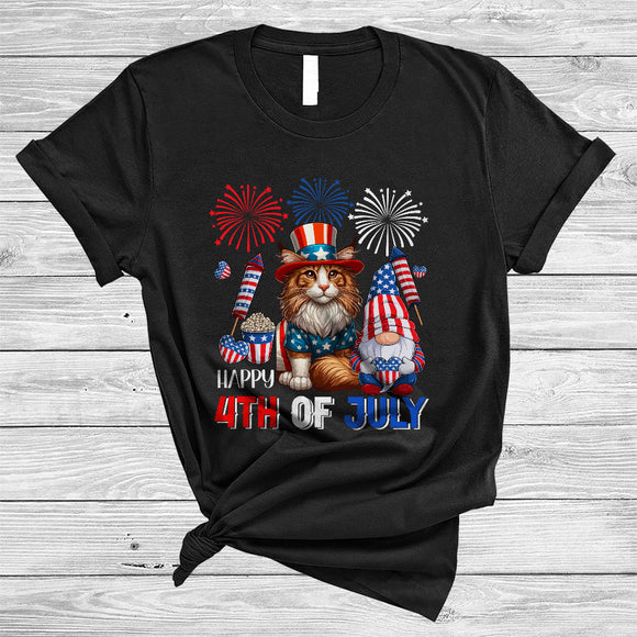 MacnyStore - Happy 4th Of July, Lovely Independence Day US Flag Maine Coon Cat, Firework Gnomes Patriotic T-Shirt