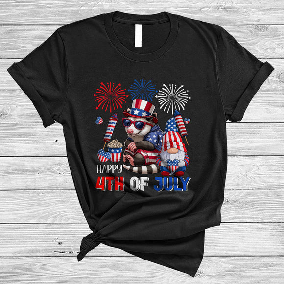 MacnyStore - Happy 4th Of July, Lovely Independence Day US Flag Opossum, Firework Gnomes Patriotic T-Shirt