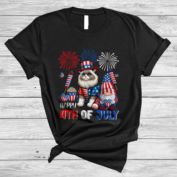 MacnyStore - Happy 4th Of July, Lovely Independence Day US Flag Ragdoll Cat, Firework Gnomes Patriotic T-Shirt