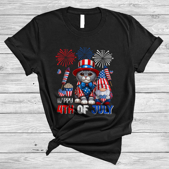 MacnyStore - Happy 4th Of July, Lovely Independence Day US Flag Scottish Fold Cat, Firework Gnomes T-Shirt