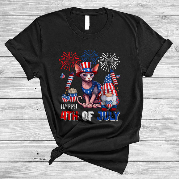 MacnyStore - Happy 4th Of July, Lovely Independence Day US Flag Sphynx Cat, Firework Gnomes Patriotic T-Shirt