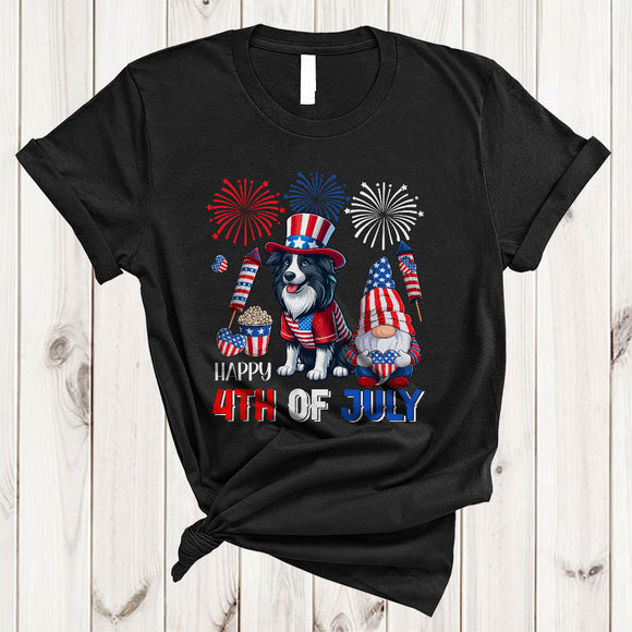 MacnyStore - Happy 4th Of July, Proud US Flag Border Collie Gnomes, Fireworks American Patriotic Group T-Shirt