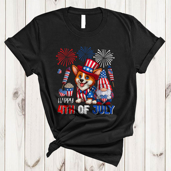MacnyStore - Happy 4th Of July, Proud US Flag Corgi Gnomes Lover, Fireworks American Patriotic Group T-Shirt