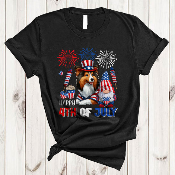 MacnyStore - Happy 4th Of July, Proud US Flag Sheltie Gnomes Lover, Fireworks American Patriotic Group T-Shirt