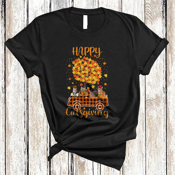 MacnyStore - Happy Catsgiving, Adorable Cool Thanksgiving Kitten On Plaid Pickup Truck, Fall Leaf Pumpkin T-Shirt