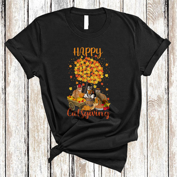 MacnyStore - Happy Catsgiving, Adorable Cool Thanksgiving Three Kittens With Pumpkin, Fall Leaf Pumpkin T-Shirt