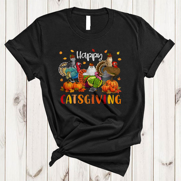 MacnyStore - Happy Catsgiving, Adorable Thanksgiving Three Kittens Riding Turkey, Fall Leaf Family Group T-Shirt
