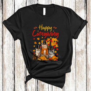 MacnyStore - Happy Catsgiving, Cool Adorable Thanksgiving Three Cats Kittens, Fall Leaf Pumpkin Lover T-Shirt