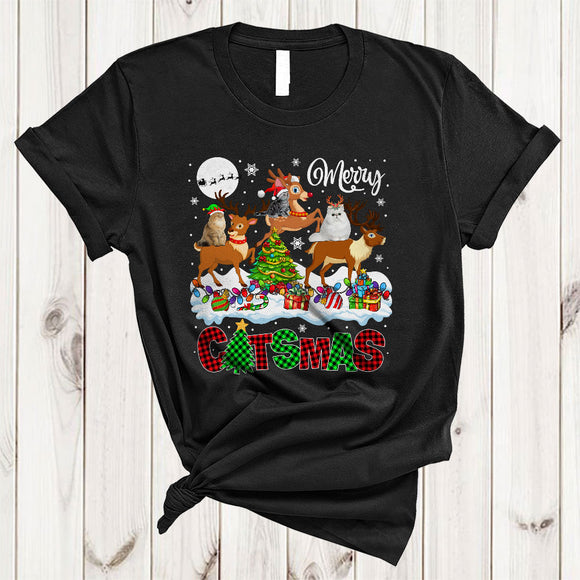 MacnyStore - Happy Catsmas, Adorable Christmas Three Kittens Riding Reindeer, Snow Plaid Family Group T-Shirt