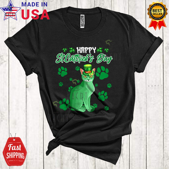 MacnyStore - Happy Cattrick's Day Cute Funny St. Patrick's Day Leprechaun Abyssinian Cat Paws Owner Lover T-Shirt