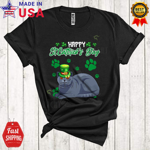 MacnyStore - Happy Cattrick's Day Cute Funny St. Patrick's Day Leprechaun Chartreux Cat Paws Owner Lover T-Shirt