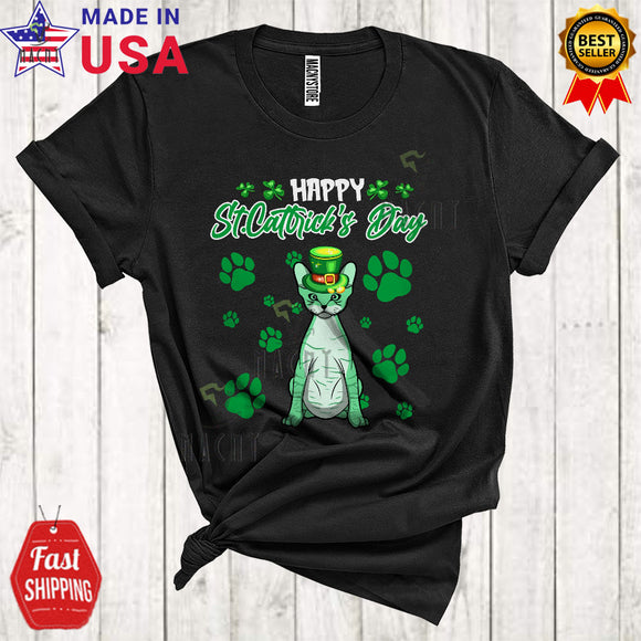MacnyStore - Happy Cattrick's Day Cute Funny St. Patrick's Day Leprechaun Devon Rex Cat Paws Owner Lover T-Shirt