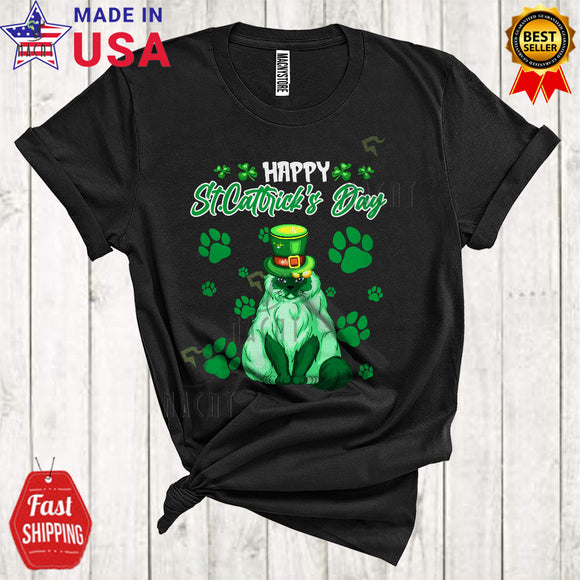 MacnyStore - Happy Cattrick's Day Cute Funny St. Patrick's Day Leprechaun Himalayan Cat Paws Owner Lover T-Shirt
