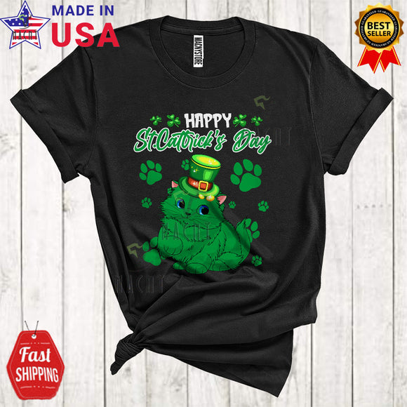 MacnyStore - Happy Cattrick's Day Cute Funny St. Patrick's Day Leprechaun Persian Cat Paws Owner Lover T-Shirt