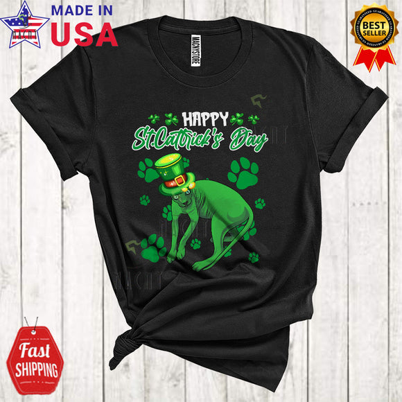 MacnyStore - Happy Cattrick's Day Cute Funny St. Patrick's Day Leprechaun Sphynx Cat Paws Owner Lover T-Shirt