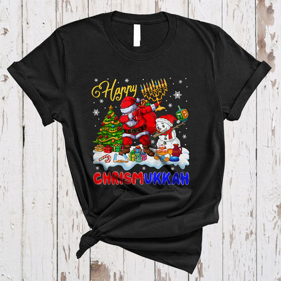MacnyStore - Happy Chrismukkah, Funny Dabbing Santa Snowman Menorah, Merry Christmas Hanukkah T-Shirt