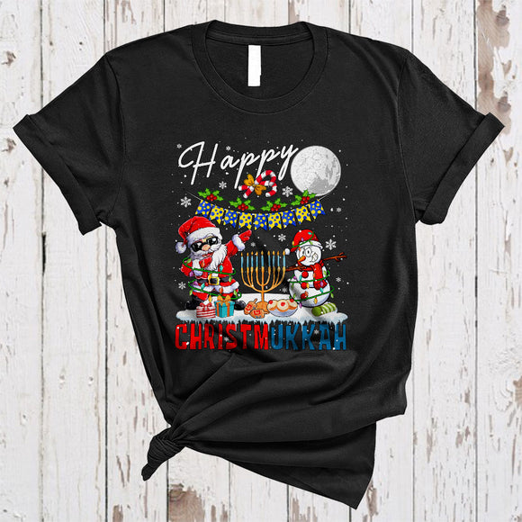 MacnyStore - Happy Christmukkah, Joyful Christmas Hanukkah Dabbing Santa Snowman, Menorah X-mas Snow T-Shirt