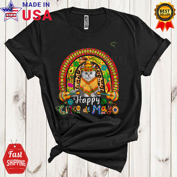 MacnyStore - Happy Cinco De Mayo Cool Cute Rainbow Mexican Sombrero British Longhair Cat Lover T-Shirt