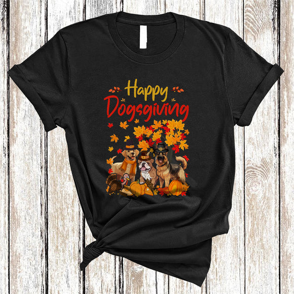MacnyStore - Happy Dogsgiving, Cool Adorable Thanksgiving Three Puppies Dog, Fall Leaf Pumpkin Lover T-Shirt