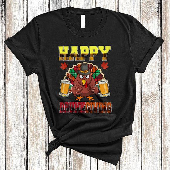 MacnyStore - Happy Drunkgiving, Cool Plaid Thanksgiving Turkey Drinking Beer, Matching Drunk Drinking Team T-Shirt