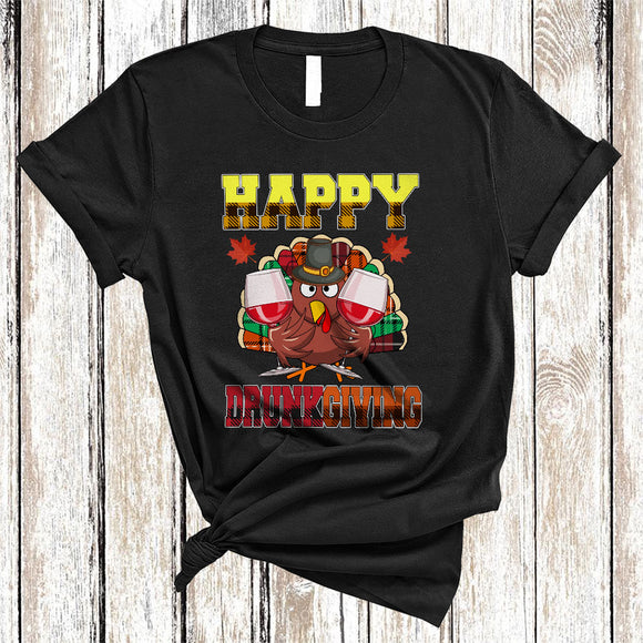 MacnyStore - Happy Drunkgiving, Cool Plaid Thanksgiving Turkey Drinking Wine, Matching Drunk Drinking Team T-Shirt