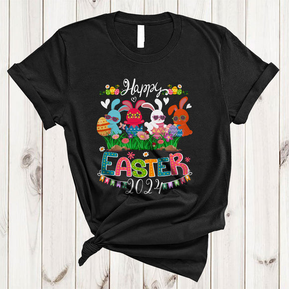 MacnyStore - Happy Easter 2024, Colorful Easter Day Four Bunnies Wearing Sunglasses, Family Egg Hunt Squad T-Shirt