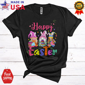 MacnyStore - Happy Easter Cool Cute Easter Day Three Bunny Gnomes Gnomies Flowers Easter Egg Hunt Group T-Shirt