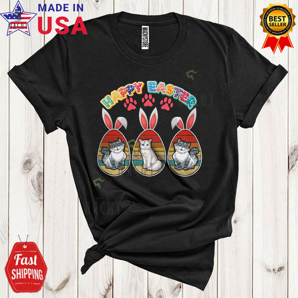 MacnyStore - Happy Easter Cool Cute Three Cats In Vintage Retro Bunny Easter Eggs Hunt Animal Lover T-Shirt