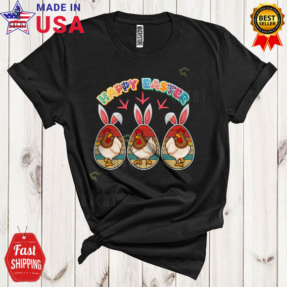 MacnyStore - Happy Easter Cool Cute Three Chickens In Vintage Retro Bunny Easter Eggs Hunt Farm Animal Farmer T-Shirt