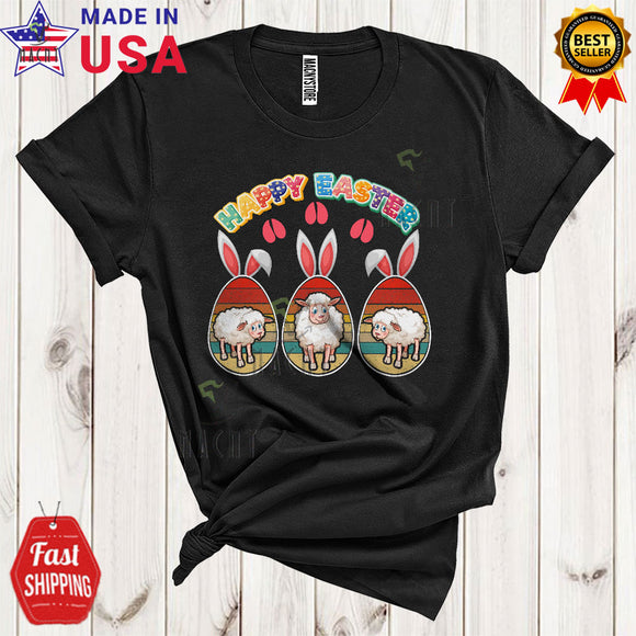 MacnyStore - Happy Easter Cool Cute Three Sheeps In Vintage Retro Bunny Easter Eggs Hunt Farm Animal Farmer T-Shirt