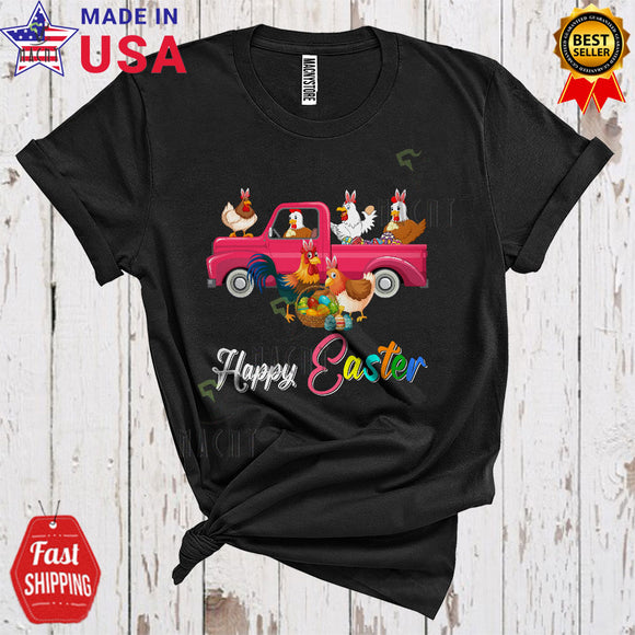 MacnyStore - Happy Easter Cool Funny Easter Day Cute Bunny Chicken On Pickup Truck Hunting Eggs Farmer T-Shirt