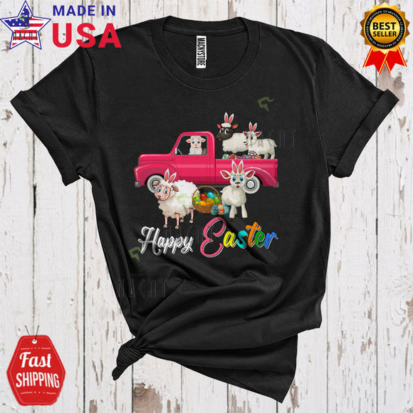 MacnyStore - Happy Easter Cool Funny Easter Day Cute Bunny Sheep On Pickup Truck Hunting Eggs Farmer T-Shirt