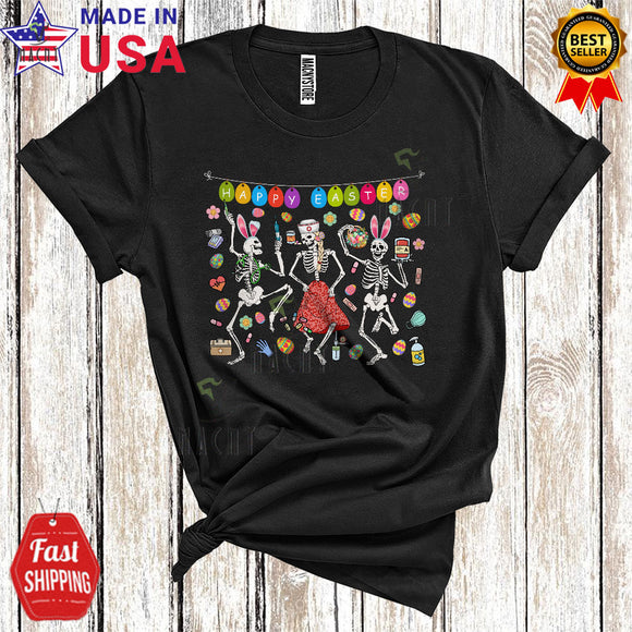 MacnyStore - Happy Easter Cool Funny Easter Day Three Bunny Skeletons Dancing Matching Nurse Nursing Lover T-Shirt