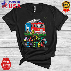 MacnyStore - Happy Easter Cool Funny Egg Hunt Bunny Riding Fire Truck Matching Fire Truck Driver Lover T-Shirt