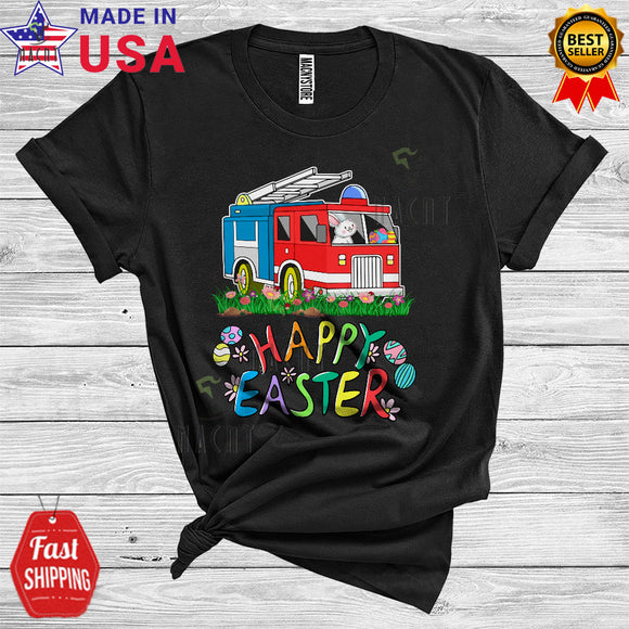 MacnyStore - Happy Easter Cool Funny Egg Hunt Bunny Riding Fire Truck Matching Fire Truck Driver Lover T-Shirt