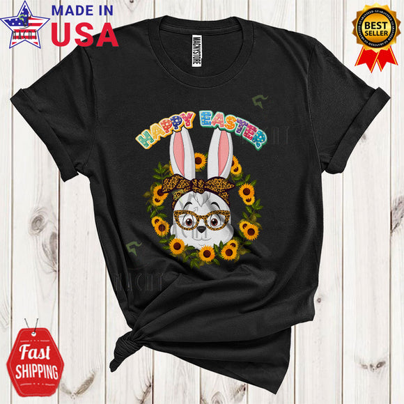 MacnyStore - Happy Easter Cute Funny Easter Day Sunflowers Bunny Face Wearing Glasses Easter Eggs Basket T-Shirt