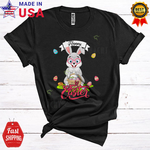 MacnyStore - Happy Easter Cute Cool Easter Bunny Wearing Glasses With Easter Basket Eggs Hunt Lover T-Shirt