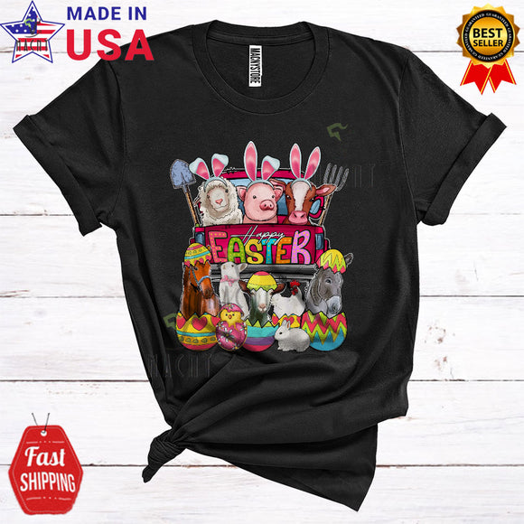 MacnyStore - Happy Easter Cute Cool Easter Day Bunny Farm Animals Sheep Pug Cow In Egg On Truck Farmer T-Shirt