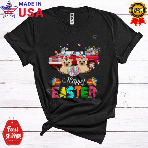 MacnyStore - Happy Easter Cute Cool Easter Day Bunny Hedgehog Couple Hunting Eggs Gnome On Truck Animal Lover T-Shirt