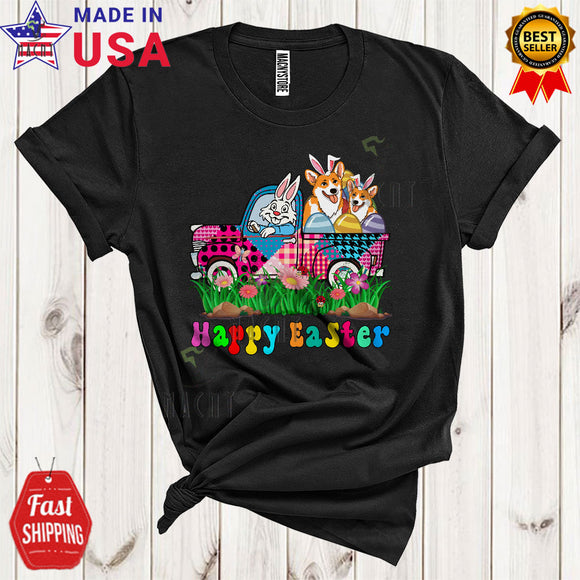 MacnyStore - Happy Easter Cute Cool Easter Day Corgi Bunny Riding Plaid Pickup Truck Egg Hunt Lover T-Shirt