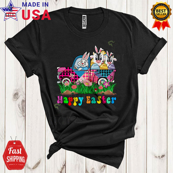 MacnyStore - Happy Easter Cute Cool Easter Day Cow Bunny Riding Plaid Pickup Truck Egg Hunt Lover T-Shirt