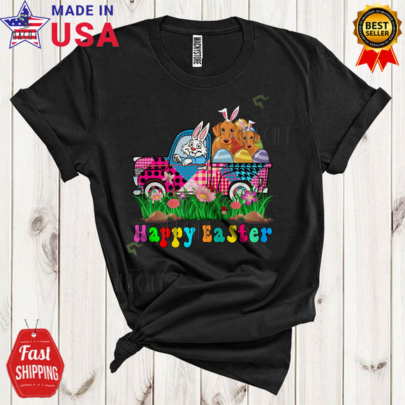 MacnyStore - Happy Easter Cute Cool Easter Day Dachshund Bunny Riding Plaid Pickup Truck Egg Hunt Lover T-Shirt