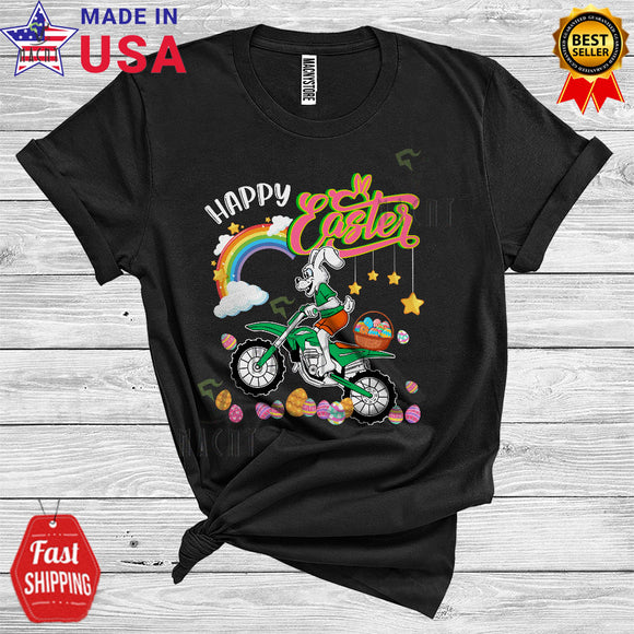 MacnyStore - Happy Easter Cute Cool Easter Day Rainbow Bunny Hunting Egg Riding Dirt Bike Lover T-Shirt