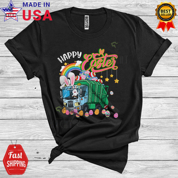 MacnyStore - Happy Easter Cute Cool Easter Day Rainbow Bunny Hunting Egg Riding Garbage Truck Lover T-Shirt