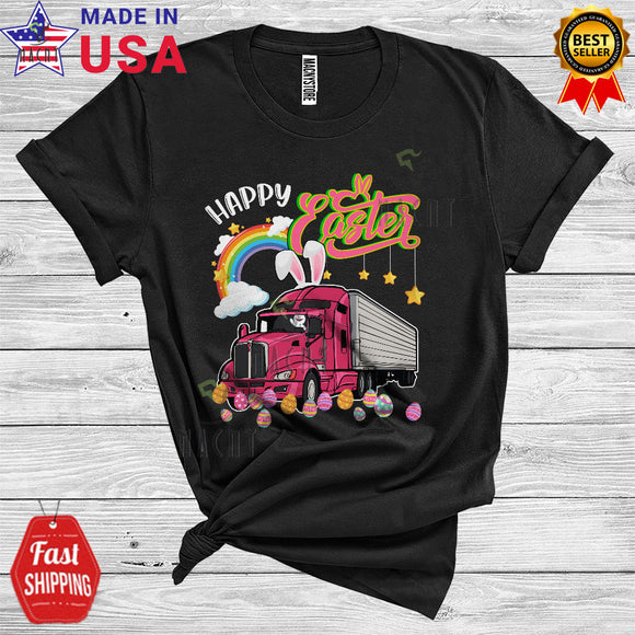 MacnyStore - Happy Easter Cute Cool Easter Day Rainbow Bunny Hunting Egg Riding Truck Trucker Lover T-Shirt