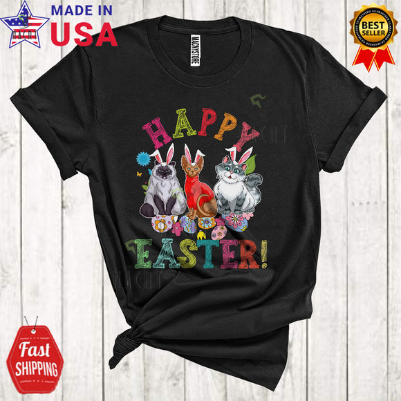 MacnyStore - Happy Easter Cute Cool Easter Day Three Bunny Cats Hunting Easter Eggs Lover T-Shirt