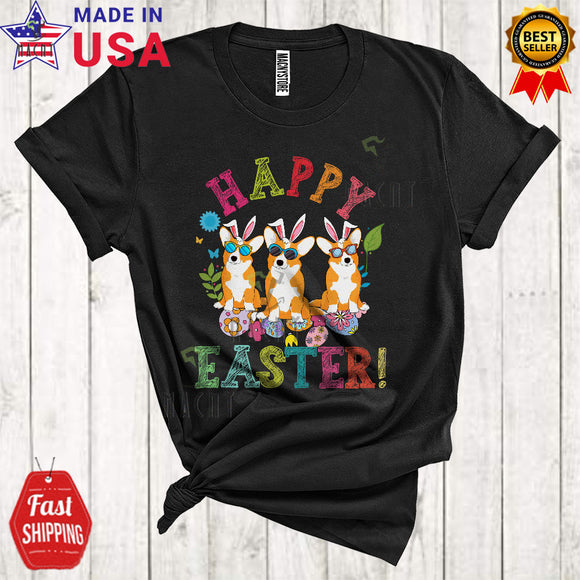 MacnyStore - Happy Easter Cute Cool Easter Day Three Bunny Corgis Hunting Easter Eggs Lover T-Shirt