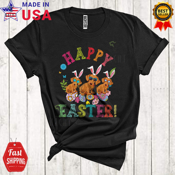 MacnyStore - Happy Easter Cute Cool Easter Day Three Bunny Dachshunds Hunting Easter Eggs Lover T-Shirt