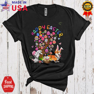 MacnyStore - Happy Easter Cute Cool Easter Egg Tree Bunny Corgi Matching Egg Hunt Group T-Shirt