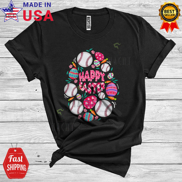 MacnyStore - Happy Easter Cute Cool Easter Plaid Eggs Flowers Baseball Easter Egg Shape Sport Player T-Shirt